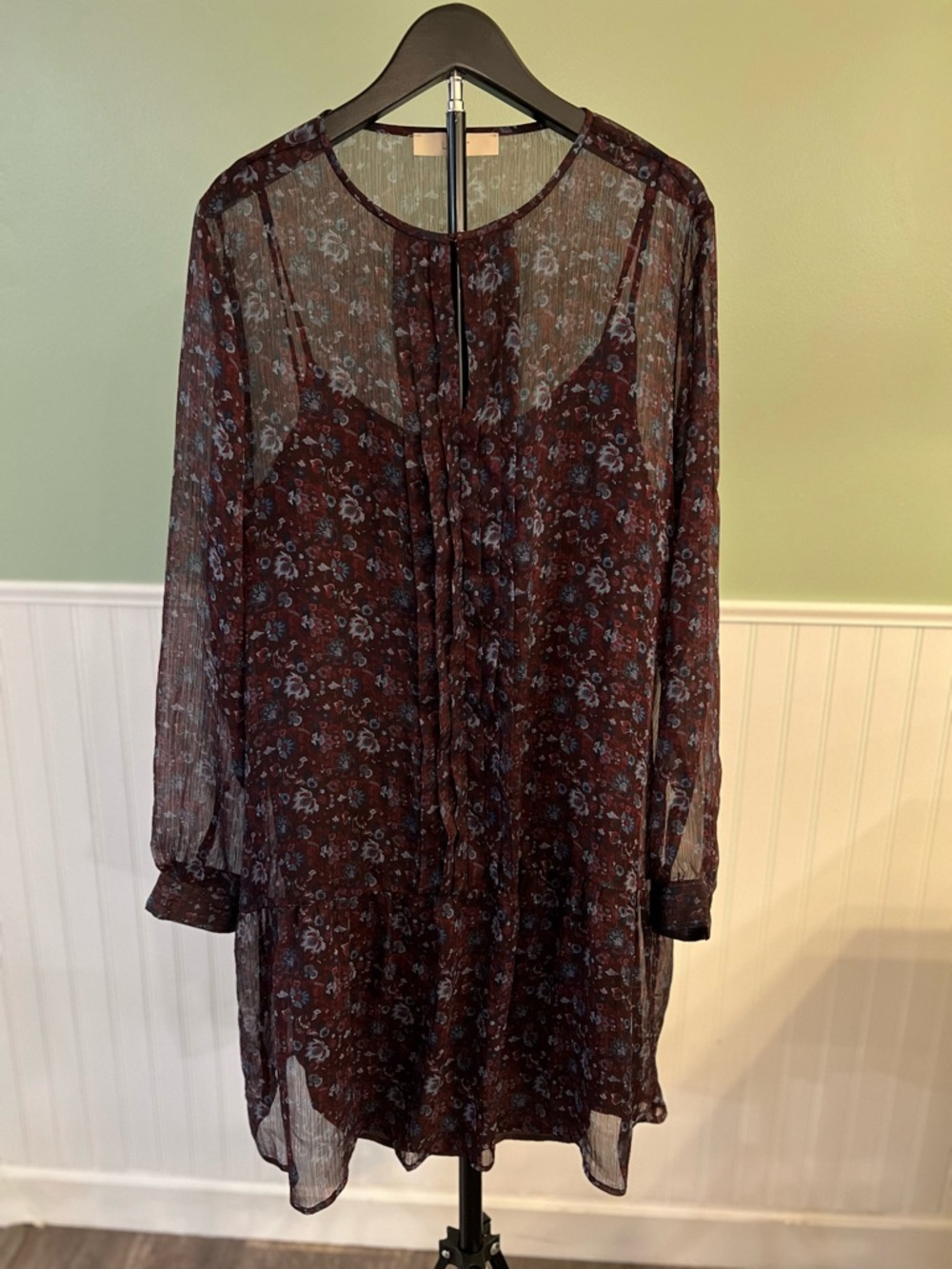 LOFT Burgundy Floral Sheer Long-Sleeve Shift Dress